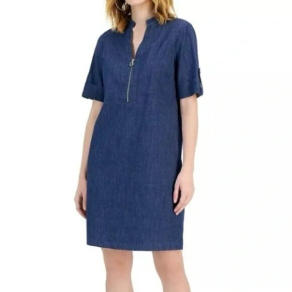 NEW Anne KLein STEFFI Dress Sz 2 Blue Chambray Denim Silver Zipper Roll Tab SLv - Picture 4 of 7